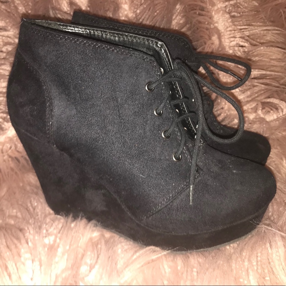 Black lace up wedge booties